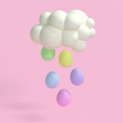 3d render. Easter composition with bright yellow, blue and pink eggs in the shape of rain from white cloud on pink background. Spring holidays season.