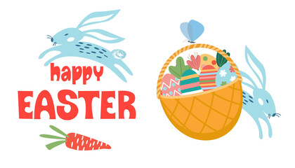 Happy Easter. A basket of painted eggs. Vector illustration.