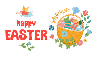 Happy Easter. A basket of painted eggs. Vector illustration.