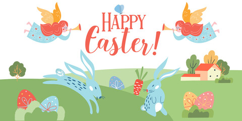 Happy Easter. Vector illustration. Lovely rustic landscape.