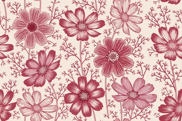 Gordijnen Seamless spring floral pattern. Cute flowers chamomile. Vintage vector. © marinavorona