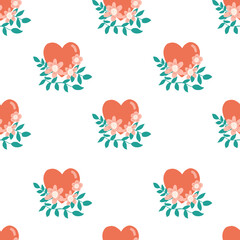 Seamless heart pattern with floral elements. Repeating vector background hand drawn hearts with flowers and branches. Cute illustration for fabric, Valentines, wrapping, surface pattern design.