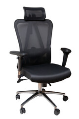 Closeup of a black comfortable office or computer swiwel chair isolated on white background....