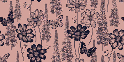 Nahtloses Frühlingsblumenmuster. Blumen und Schmetterlinge. Vintage-Vektor. Schwarz und Rosa. © marinavorona