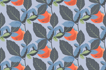 Art floral vector seamless pattern with winter apples. Apple branches with leaves and ripe fruits isolated on a light blue background. For home textiles, fabric, wallpaper, kitchen decor.