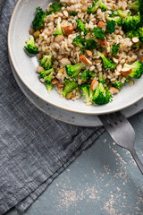 Risotto with Broccoli and Almond. Risotto made of Groat