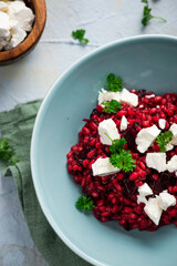 Risotto Made with Groats and Beetroot Served with Feta Cheese