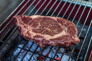 Tasty beef tenderloin steak with spices on the grill.