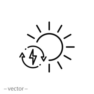 solar energy icon, charge power sun battery, sustainable eco resource, performance electric environment, thin line symbol on white background - editable stroke vector eps10