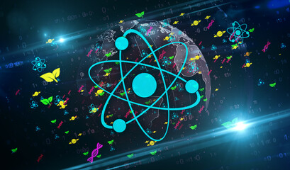 Science symbols and icons on digital globe background