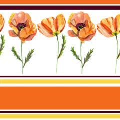 Orange poppies seamless watercolor pattern
