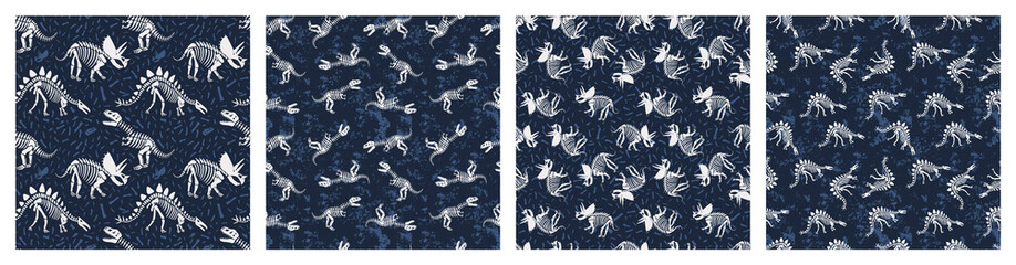 Vector set with dinosaur skeletons seamless pattern. Bright background with dino for kids textile