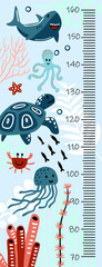 Kids height chart. Vector isolated illustration with seaweed and sea animals.