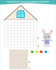  Logic game for children. Color the bunny house according to the scheme