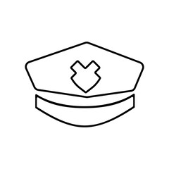 Police cap line icon in black. Outline black police hat logo, flat simple illustration. Law and justice concept isolated logotype. For app, graphic design, infographic, web site, ui, ux. Vector EPS 10