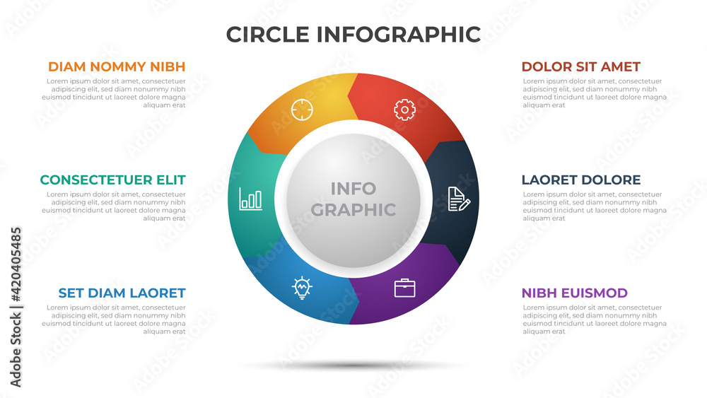 Poster 6 points infographic template with circle layout vector.
