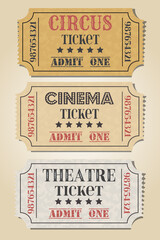 Retro Ticket set icon, vector illustration in the flat style. Ticket stub isolated on a background. Retro cinema or movie, theatre, circus tickets