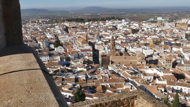 Aereal view of Antequera with in evidence Iglesia de San Sebastiand. Andalusia, Spain