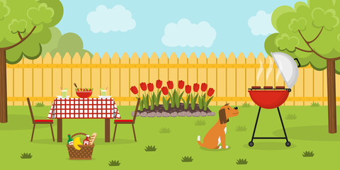Lunch in the backyard with trees and flowerbed. Barbecue in the garden with dog. Outside dinner in a summer house. Vector illustration. Banner.