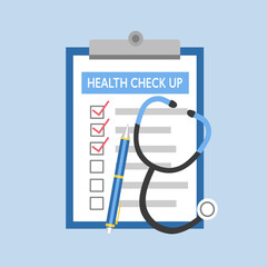 Medical check up report, stethoscope and pen in flat design. Health check up concept vector illustration.