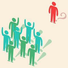 Pictogram of group of people telling/explaning to one person. communication and understanding concept. Vector illustration.