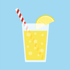 Glass of lemonade with a lemon half slice and a stripped straw. Summer drink. Refreshing beverage. Isolated vector flat illustration.