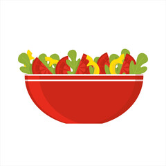 Bowl with fresh vegetable salad of arugula, tomatoes slices and yellow sweet pepper. Raw vegan meal. Healthy vegetarian dish. Detox recipe. Mediterranean cuisine. Isolated flat vector illustration.