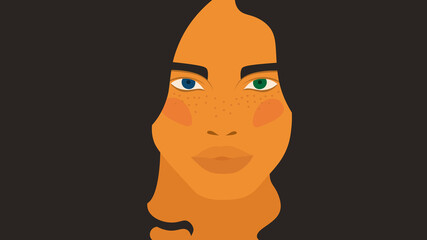 Heterochromia of the eyes. Eyes of different colors - green and blue. Beautiful female face. Vector 16x9 illustration with copy space.