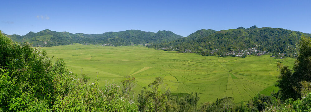 Panoramic view of the spectacular spider web rice fields in Lodok Cara village near Ruteng on Flores island, East Nusa Tenggara, Indonesia