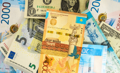 Banknotes of the USA, Europe, Russia and Kazakhstan. Currency exchange concept. International financial relations. Money background. Selective focus.