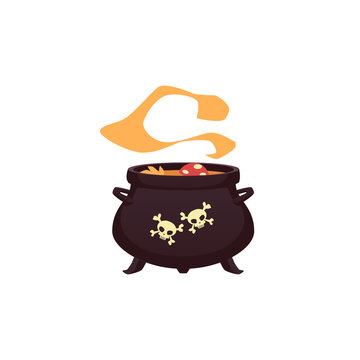 Vector illustration of witch cauldron with fly agaric in hot poison potion