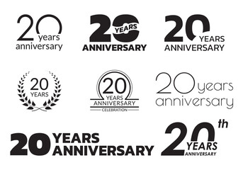 20 years anniversary icon or logo set. 20th birthday celebration badge or label for invitation card, jubilee design. Vector illustration. - obrazy, fototapety, plakaty