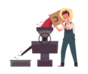 Coffee farmer man putting beans into grinder flat vector illustration isolated.