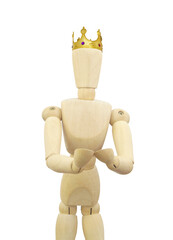 Wooden figurine with golden king crown on head isolated on white background