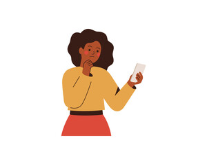 Black woman holds mobile phone with doubt face and has some problem with it. African American girl looks at her smartphone with thoughtful expression. Business character vector illustration - 420409282