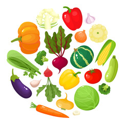 Colorful cartoon vegetables icons in round isolated on white