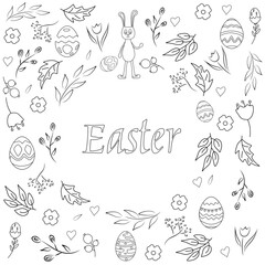 Vector Easter template with the image of a rabbit, Easter eggs, flowers, twigs, which can be used for postcards, posters, invitations, banners and web design 