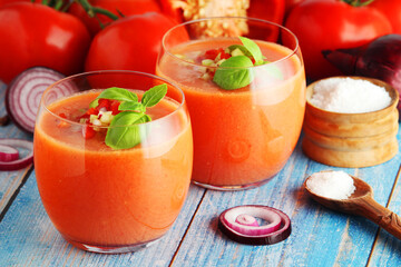 Cold Spanish soup Gazpacho served in glasses