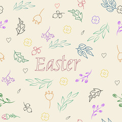 Vector Easter template for greeting cards, invitations, posters with images of Easter eggs, flowers, twigs 