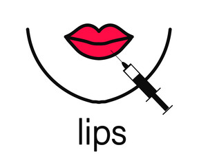 Lip augmentation with Botox. Beautiful lips and injection. Symbol. Vector illustration.
