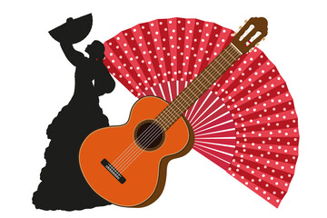 Classic guitar, handheld fan and flamenco dancer silhouette isolated on white background. Spanish culture. Set of Flat vector illustration - obrazy, fototapety, plakaty