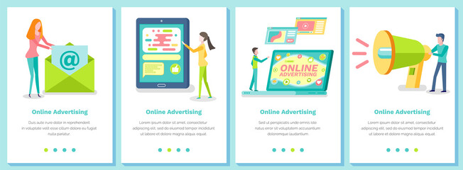 Obraz premium Set of illustrations on the topic of online advertising. Webpage template vector illustration