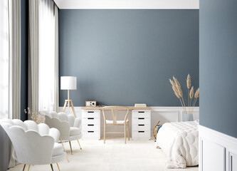 Contemporary bedroom interior in white and blue colors, 3d render © artjafara