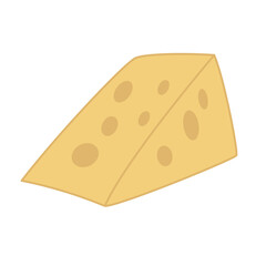A yellow piece of hard cheese with holes. Cartoon hand-drawn vector. Dairy products, vitamin D, calcium source, healthy food. For restaurants, cafes, menu design, Manuals, illustration, print, web.