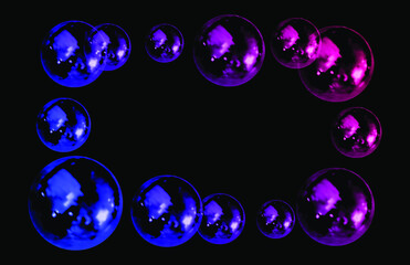 Vector Gradient Colored Bubbles Background, Frame, Realistic 3D Air Bubbles, Gradient Ultraviolet Color, Rectangular Blank Frame Template.
