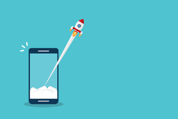 App launch. Startup vector concept, flat cartoon rocket or rocketship launch, mobile phone or smartphone, idea of successful business project start up, boost technology, innovation.