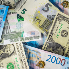 Banknotes of the USA, Europe and Russia. International financial relations. Money background. Selective focus.