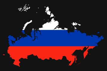 Russia map silhouette with flag on black background