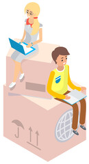 Team of business people work with laptops sit on empty cardboard boxes for transporting goods