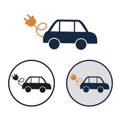 Naklejka premium Simple vector electric car icon. Set of round black and white and color personal transport symbol with electrical outlet